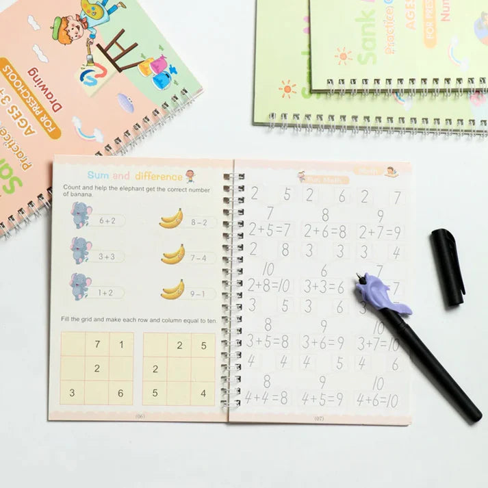 Sank Magic Practice Copybook Set Of 4 Books With Pen & Refills Reusable Handwriting Workbook Tracing Practice Book For Preschools