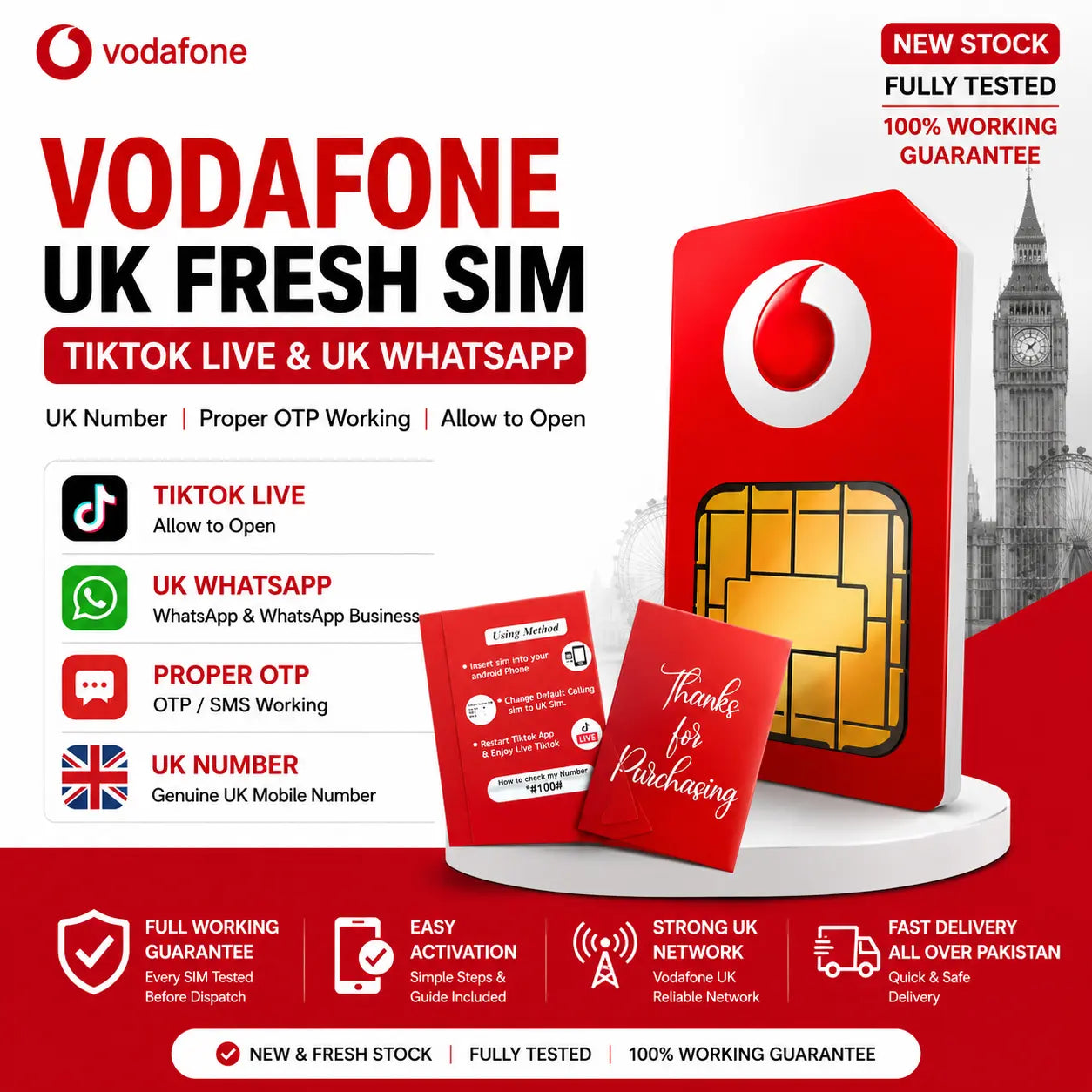 🇬🇧 Vodafone UK Fresh SIM – TikTok LIVE / UK WhatsApp/ All Otps