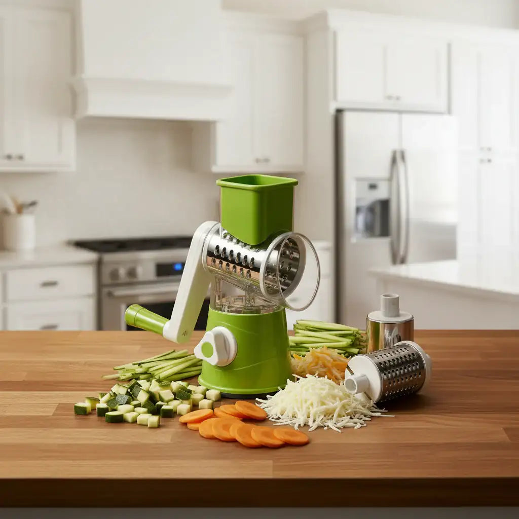 Multi-Functional Tabletop Drum Grater 3-in-1 Manual Vegetable Slicer, Shredder & Grater | Stainless Steel Blades